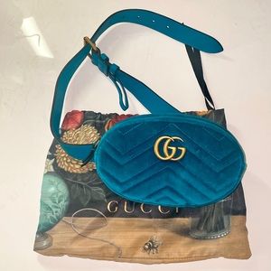 GUCCI Velvet Matelasse GG Marmont Belt Bag Teal